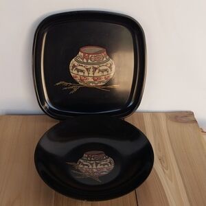 Two Piece Set Vintage Couroc Trinket Dishes One Bowl One Square Dish